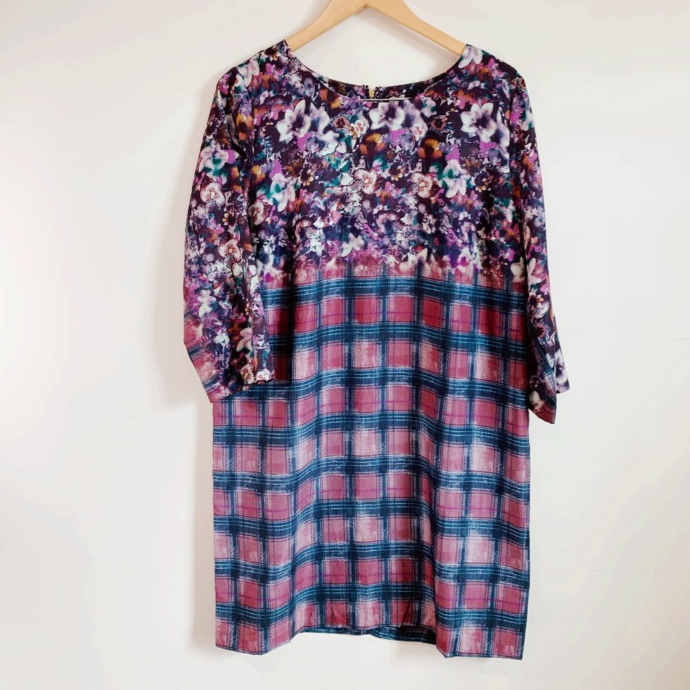 Anthro. Maeve Floral & Plaid Print Shift Dress L